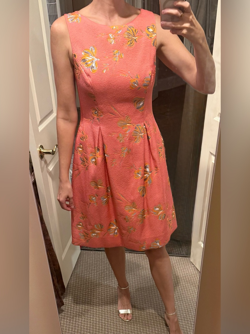 Lela Rose Betsy Coral-Pink Jacquard Floral Midi Dress